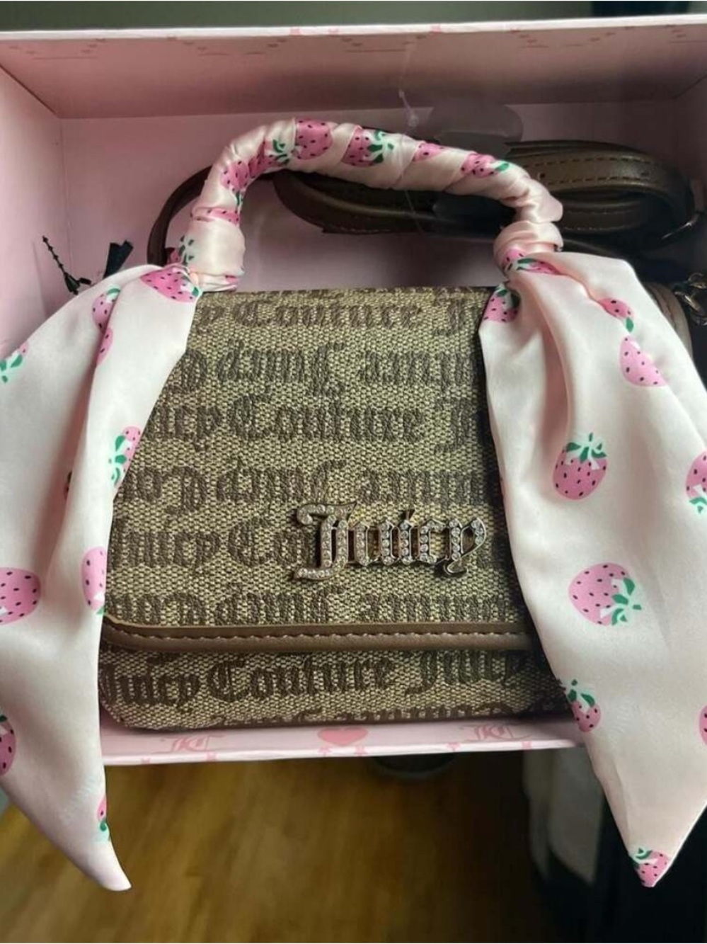 Juicy Couture Brown Mini Crossbody Bag Strawberry Scarf Logo Print Charm Box Y2K